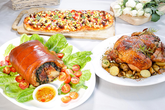 Sisterfields - Laing Stuffed Lechon Roll, Pugon Rosemary   Chicken and Longganisa Pizza Canape