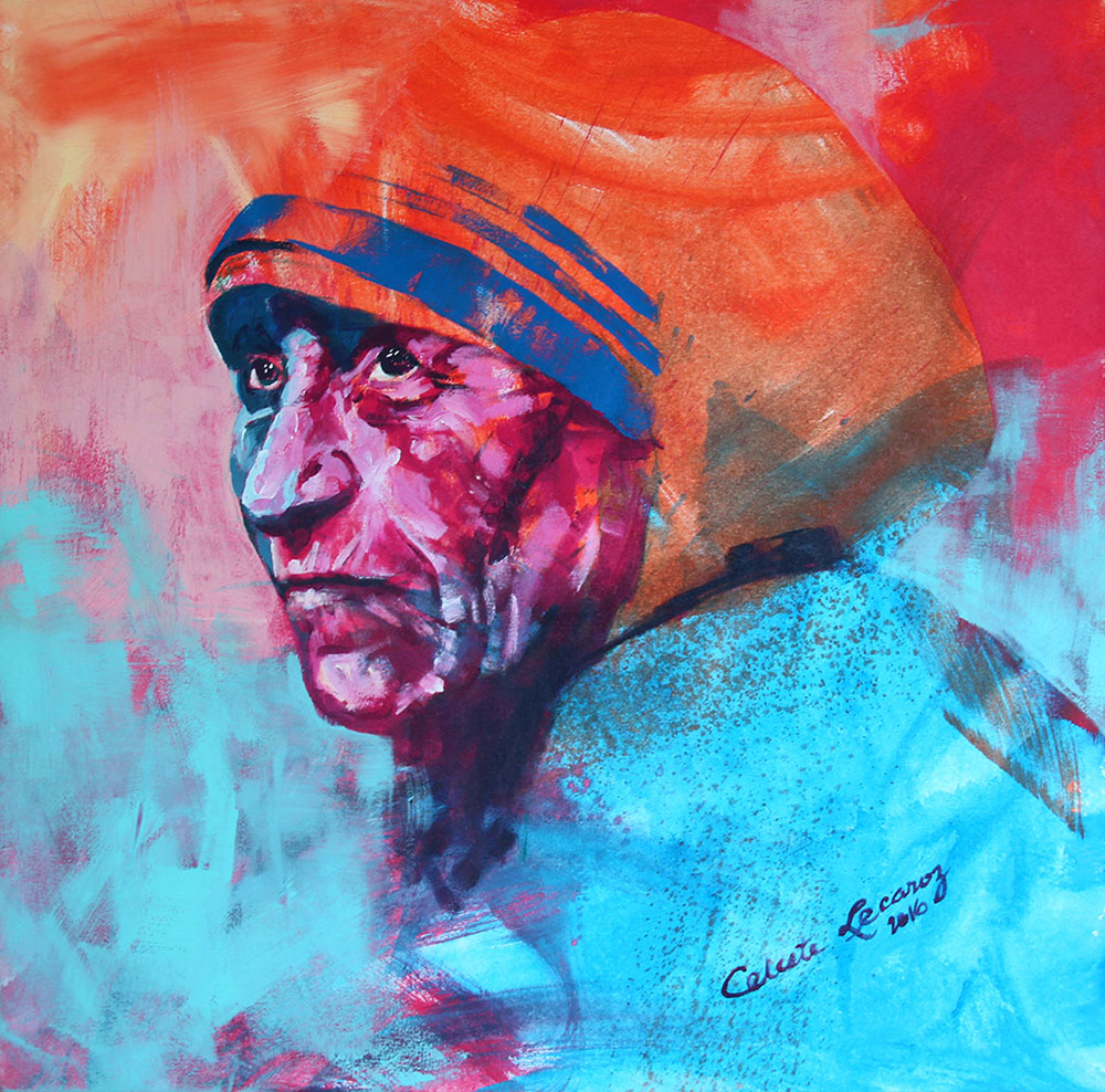 Mother Theresa in Spontanrealismus by Lecaroz, 36” x 36”, acrylic on canvas