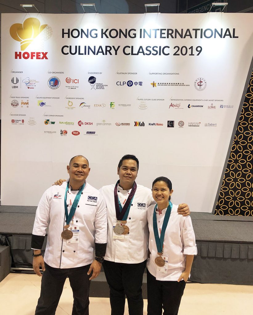 HOFEX 2019 medalists. L-R Chefs Kerwin Funtanilla, Miguel Antonio Lorino and Krystle San Juan.