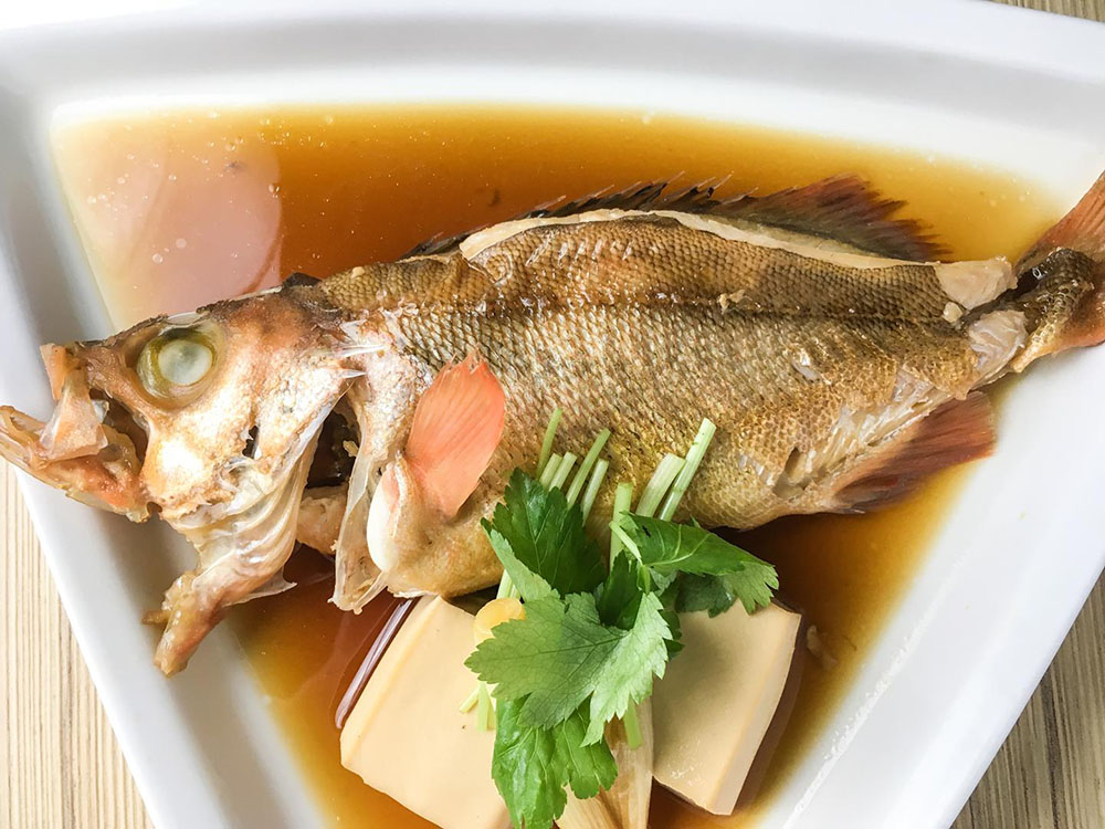 Mebaru Nitsuke, saltwater grilled fish, is one Kitsho's featured dishes in its summer cuisine.