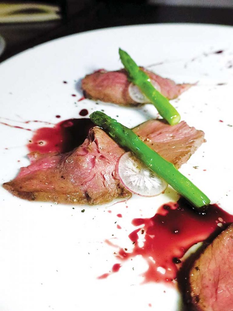 Beef Tenderloin with Red Wine Jus, Beet Root and Potato Purée, and Asparagus